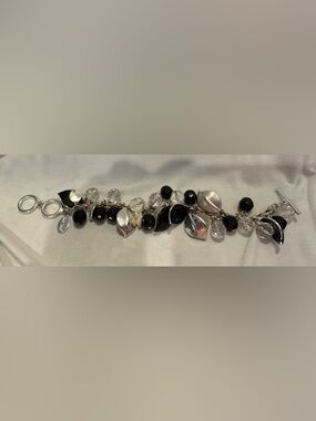 White House Black Market Silver-Tone Bracelet with Black and Clear Beads